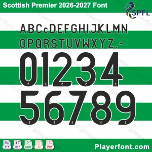 Scottish Premiership SPFL 2026-2027 font preview with letters numbers and TTF OTF AI CDR PDF formats by Playerfont.