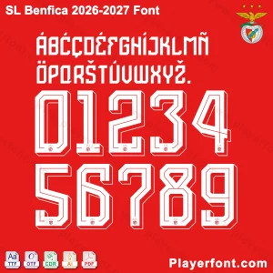 Horizontal vector layout template of SL Benfica 2026-2027 font kit numbers and full alphabet string.