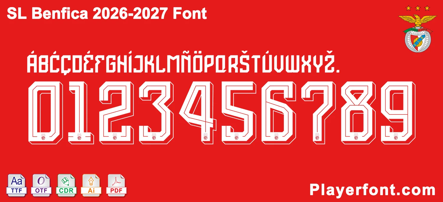 SL Benfica 2026-2027 font jersey numbers and alphabet presentation with TTF OTF AI CDR PDF formats by Playerfont.