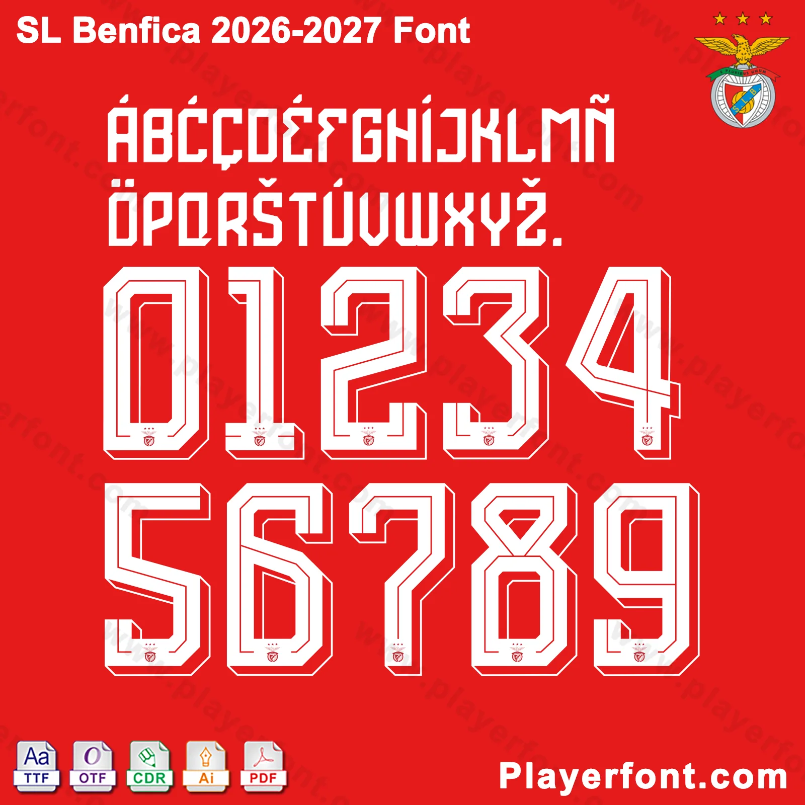 Horizontal vector layout template of SL Benfica 2026-2027 font kit numbers and full alphabet string.