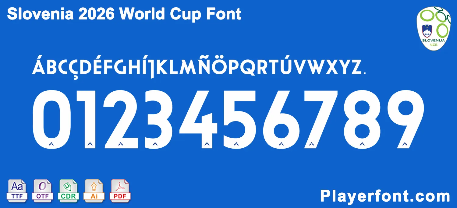 Horizontal vector layout template of Slovenia World Cup 2026 football kit numbers and full alphabet string.