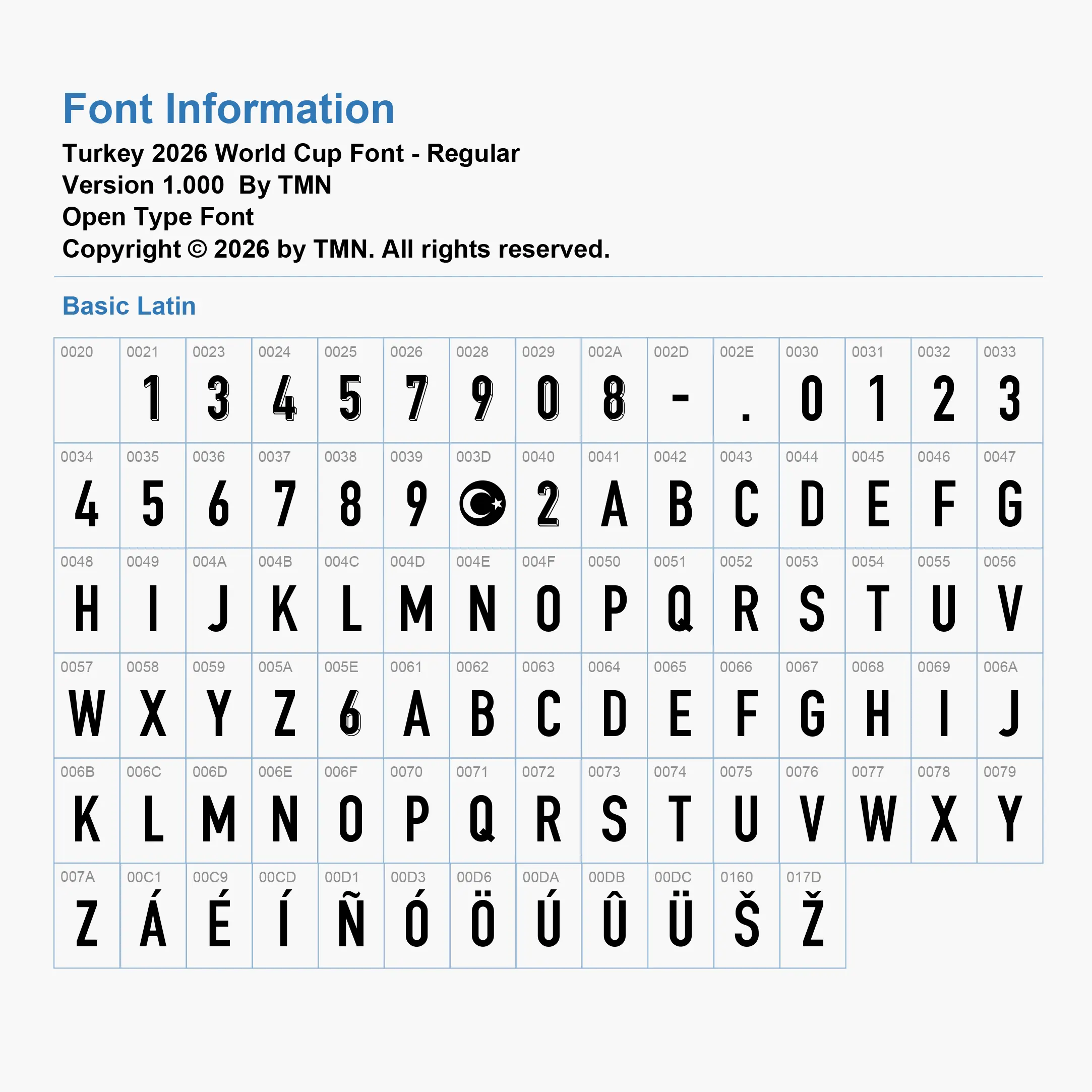 Turkey World Cup 2026 font character map grid chart for Basic Latin and Latin-1 Supplement Open Type Font.
