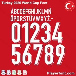 Turkey World Cup 2026 font jersey numbers and alphabet presentation with TTF OTF AI CDR PDF formats by Playerfont.