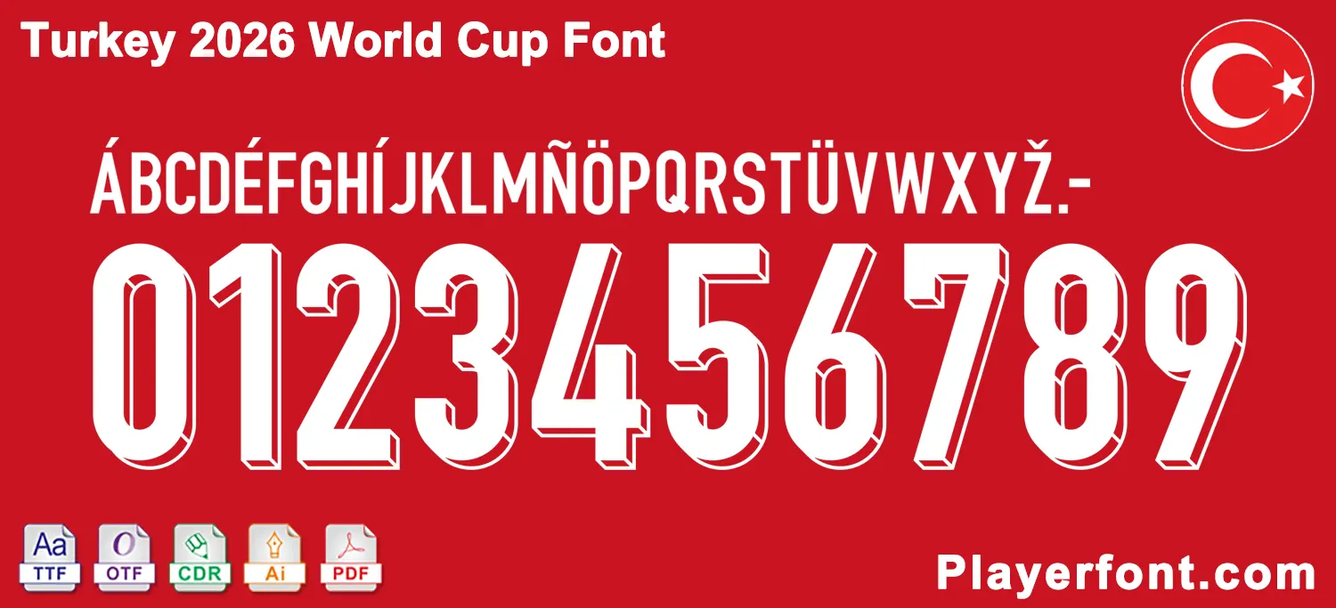 Horizontal vector layout template of Turkey World Cup 2026 football kit numbers and full alphabet string.