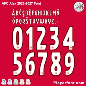 AFC Ajax 2026-2027 font jersey numbers and alphabet presentation with TTF OTF AI CDR PDF formats by Playerfont.