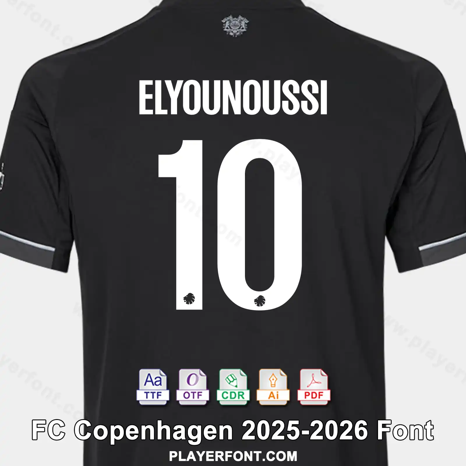 FC Copenhagen 2025-2026 away shirt back mockup showing ELYOUNOUSSI name and solid white number 10 font application.