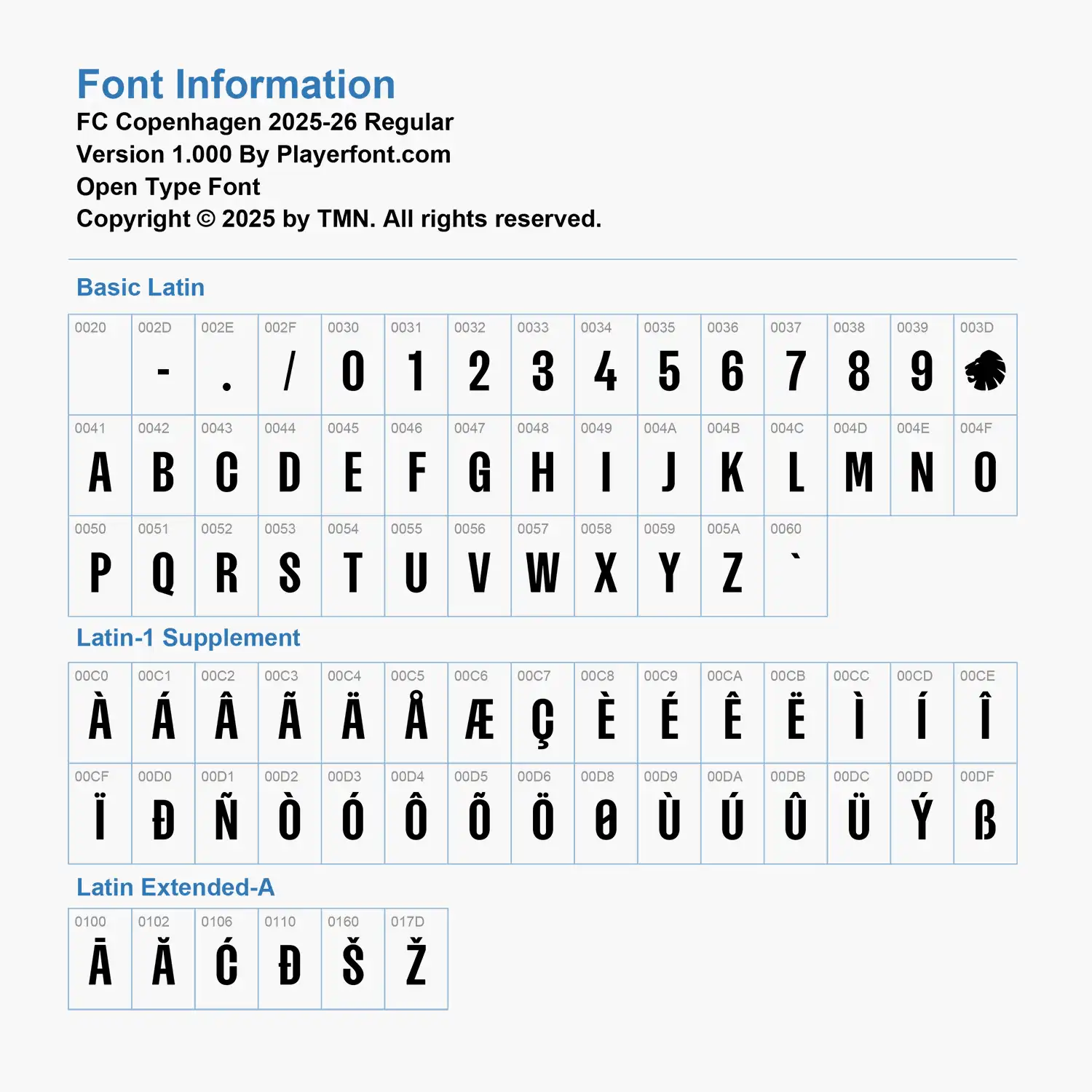 FC Copenhagen 2025-2026 font Basic Latin and Latin-1 Supplement character map grid chart for Open Type Font.