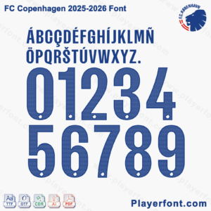 Horizontal vector layout banner template of FC Copenhagen 2025-2026 football kit numbers and full alphabet string.