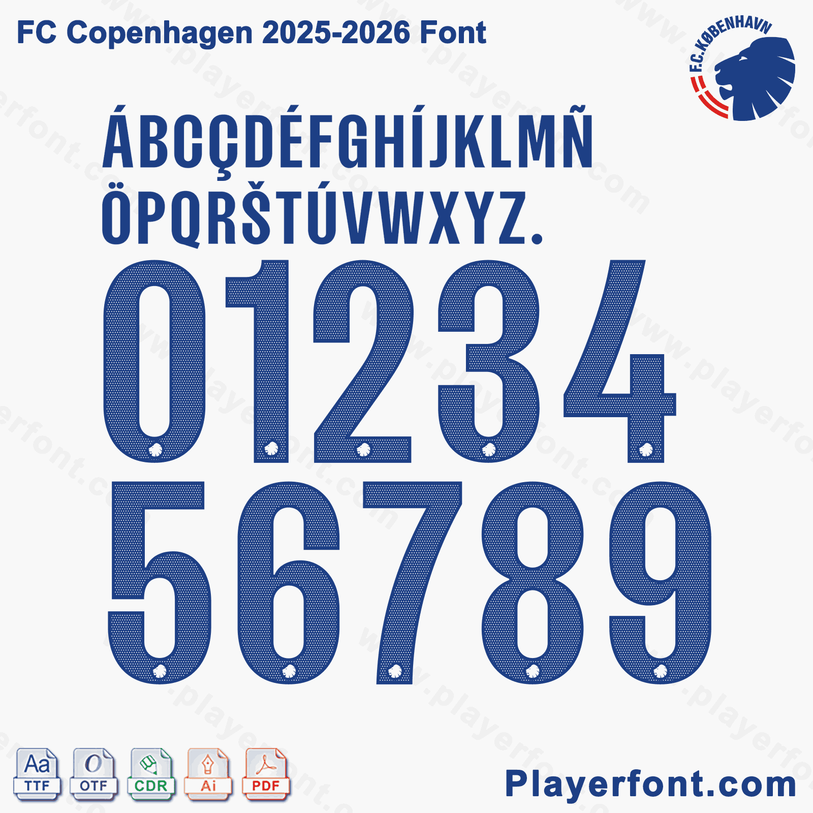 Horizontal vector layout banner template of FC Copenhagen 2025-2026 football kit numbers and full alphabet string.
