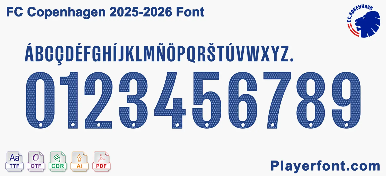 FC Copenhagen 2025-2026 font jersey numbers and alphabet presentation layout with TTF OTF AI CDR PDF formats by Playerfont.