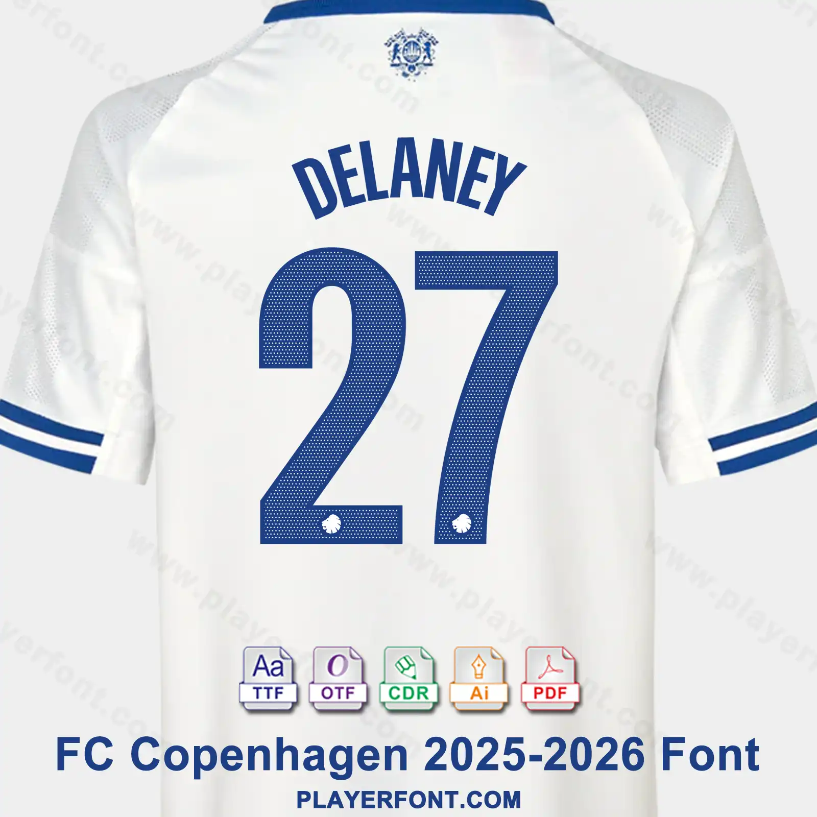 FC Copenhagen 2025-2026 home shirt back mockup showing DELANEY name and blue textured number 27 vector font application.