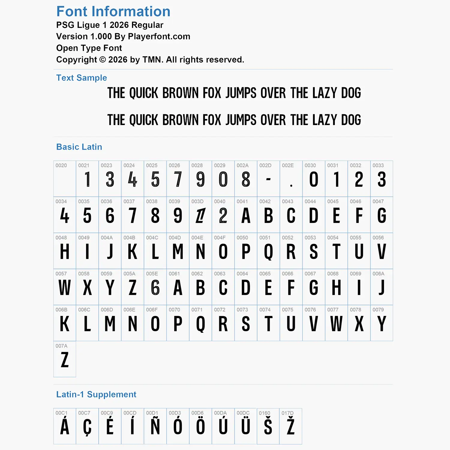 PSG Ligue 1 2026-2027 away font Basic Latin and Latin-1 Supplement glyph map chart for Open Type Font.