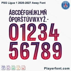 PSG Ligue 1 2026-2027 away font jersey numbers and alphabet presentation layout with TTF OTF AI CDR PDF formats by Playerfont.