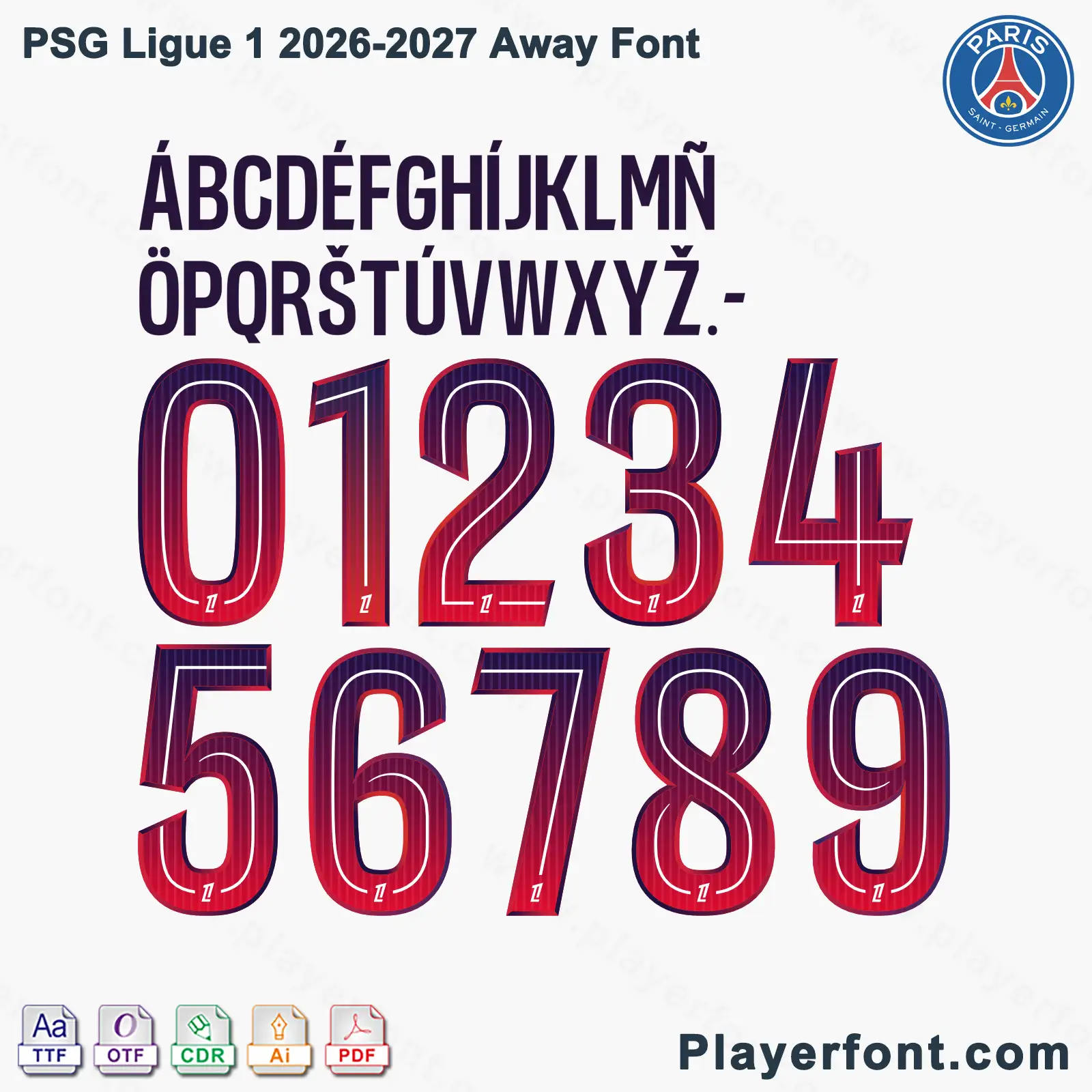 PSG Ligue 1 2026-2027 away font jersey numbers and alphabet presentation layout with TTF OTF AI CDR PDF formats by Playerfont.