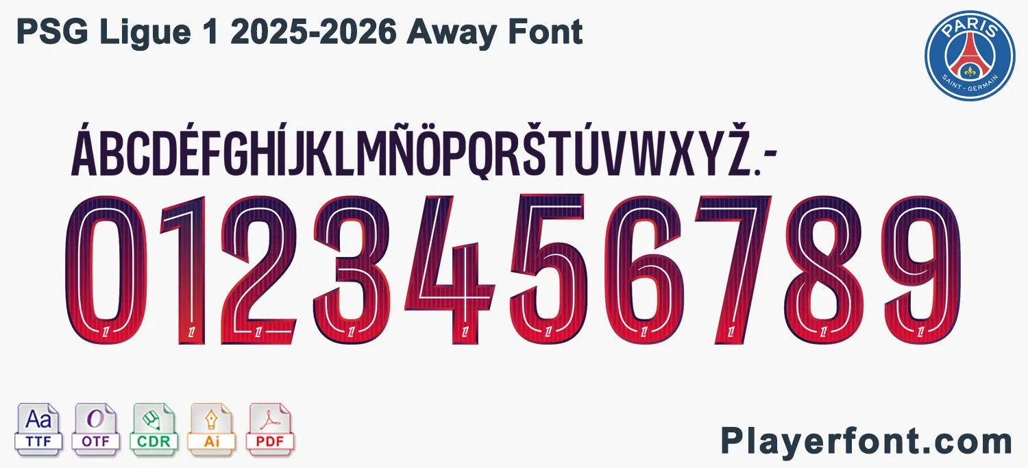Horizontal vector template banner layout of PSG Ligue 1 2025-2026 away font alphabet and numbers string.