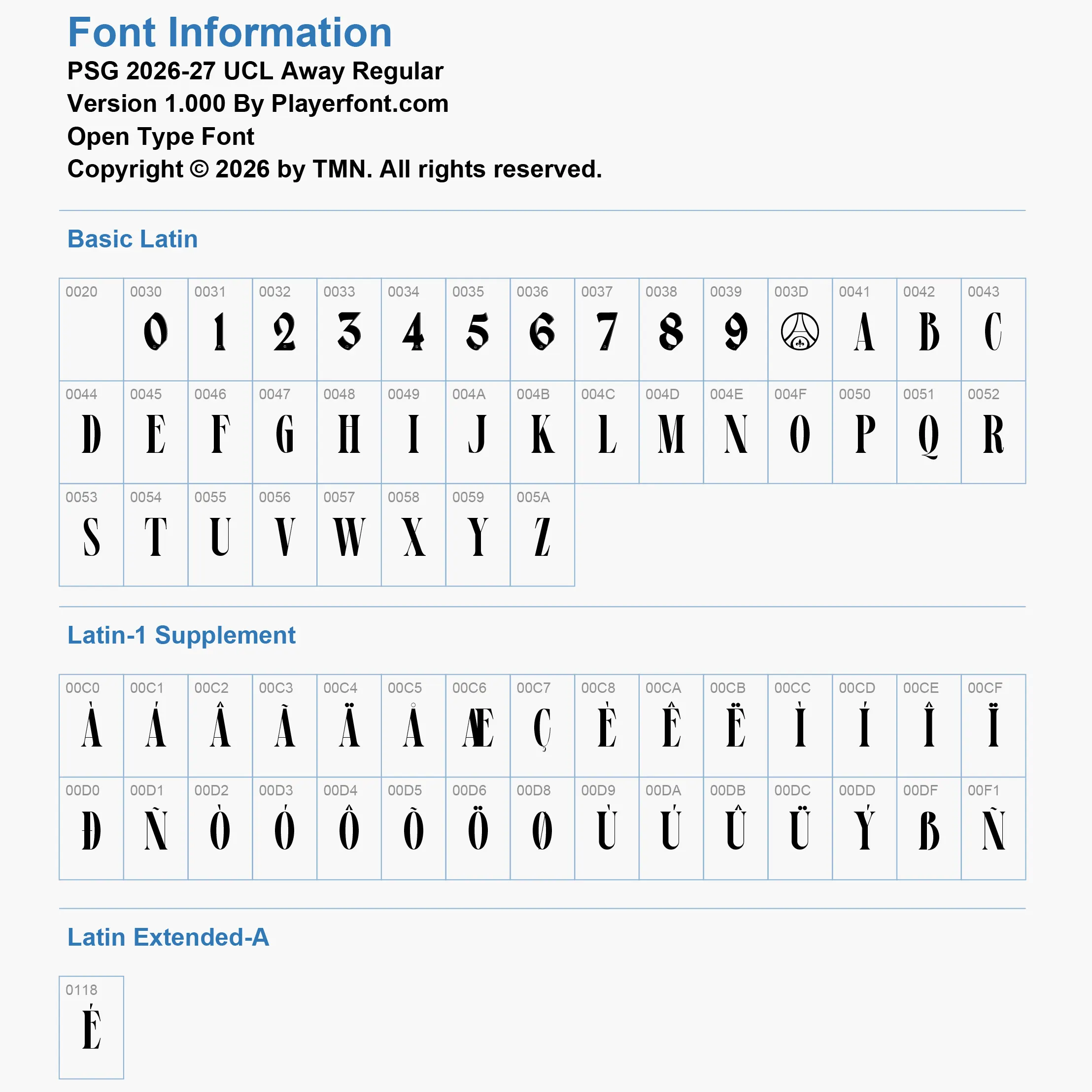 PSG UCL 2026-2027 away font Basic Latin and Latin-1 Supplement glyph map chart for Open Type Font.
