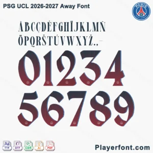 PSG UCL 2026-2027 away font jersey numbers and alphabet presentation layout with TTF OTF AI CDR PDF formats by Playerfont.