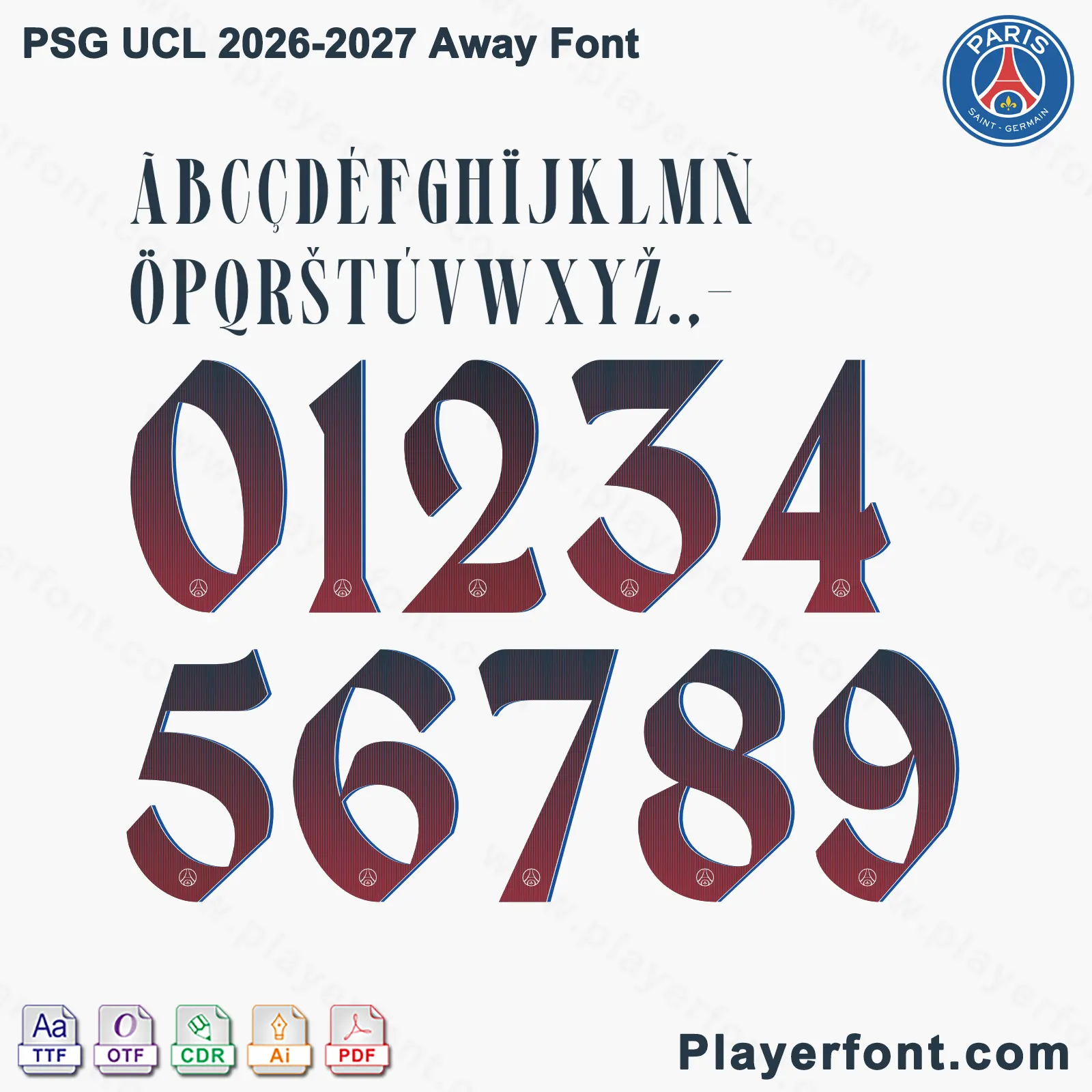 PSG UCL 2026-2027 away font jersey numbers and alphabet presentation layout with TTF OTF AI CDR PDF formats by Playerfont.