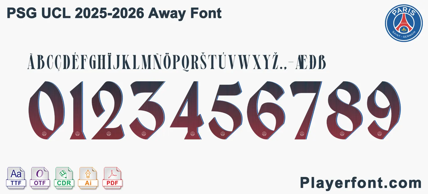Horizontal vector template banner layout of PSG UCL 2025-2026 away font alphabet and numbers string.