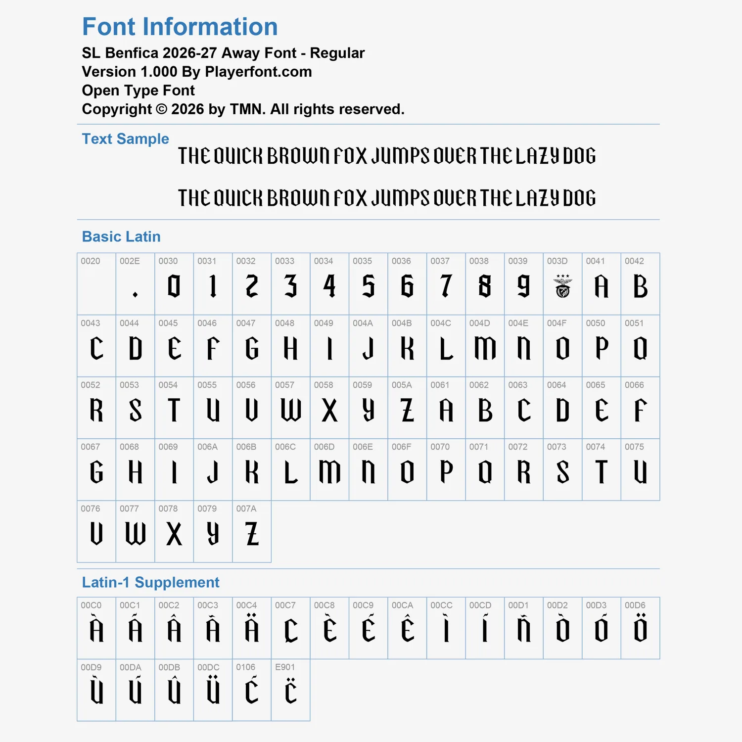 SL Benfica 2026-2027 away font Basic Latin character map glyph chart and text sample for Open Type Font.