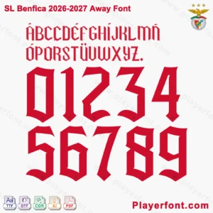 SL Benfica 2026-2027 away font jersey numbers and alphabet presentation with TTF OTF AI CDR PDF formats by Playerfont.