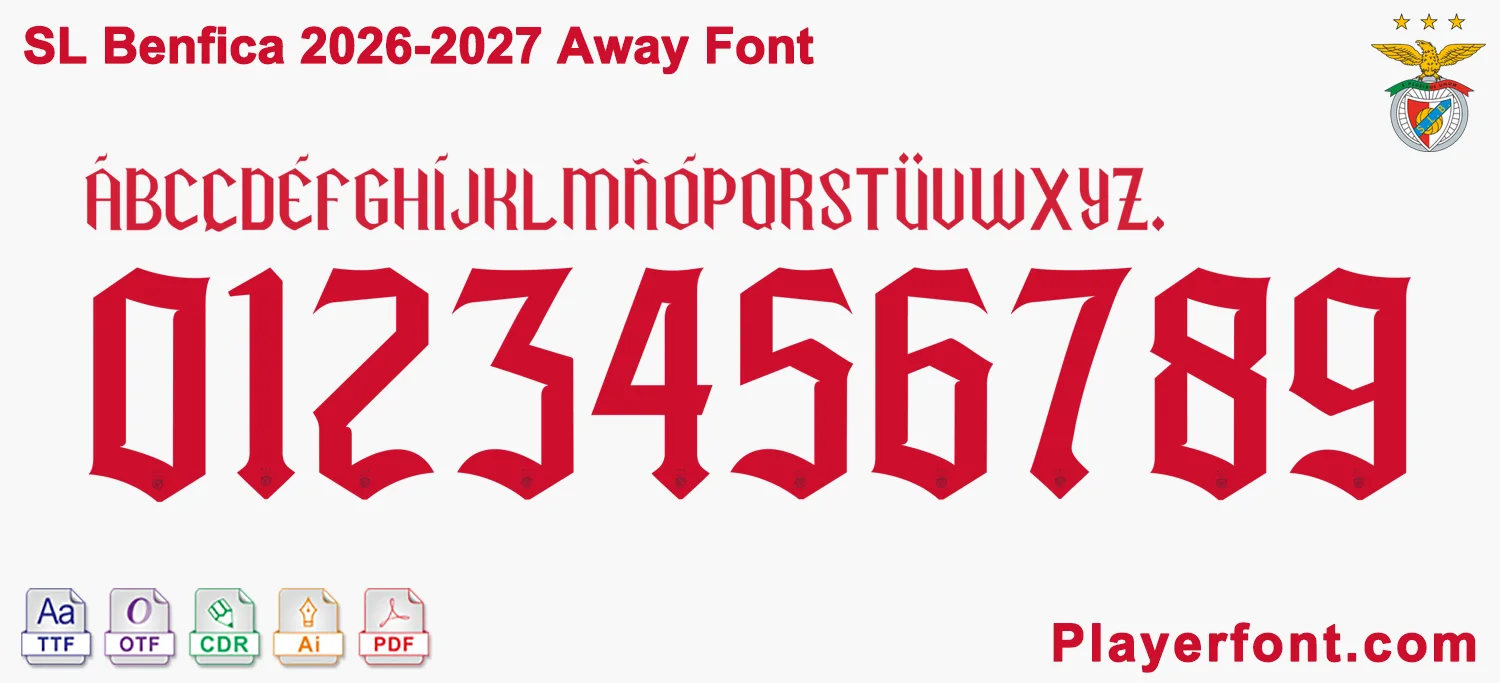 Horizontal vector layout template of SL Benfica 2026-2027 football away kit numbers and full alphabet string.