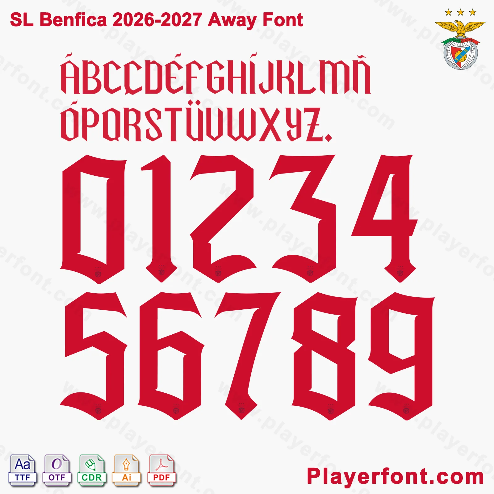 SL Benfica 2026-2027 away font jersey numbers and alphabet presentation with TTF OTF AI CDR PDF formats by Playerfont.