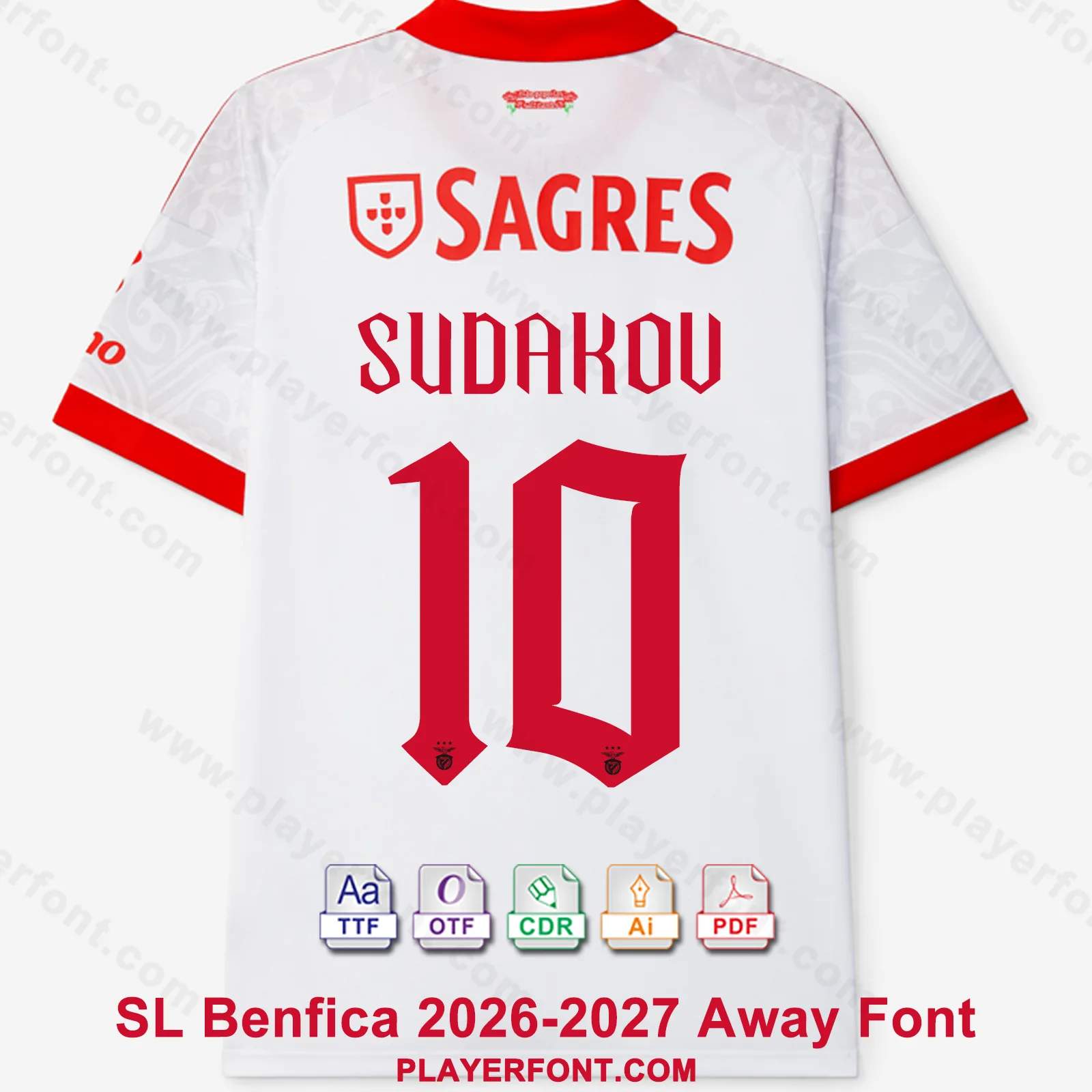 SL Benfica 2026-2027 shirt back mockup showing SUDAKOV name and red gothic number 10 vector font application.