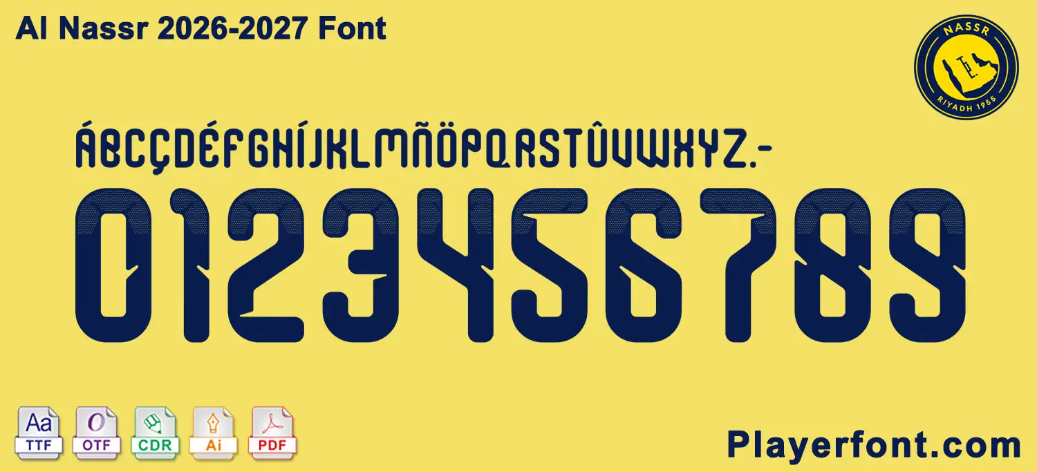 Horizontal vector template banner layout of Al Nassr 2026-2027 font alphabet and numbers string.