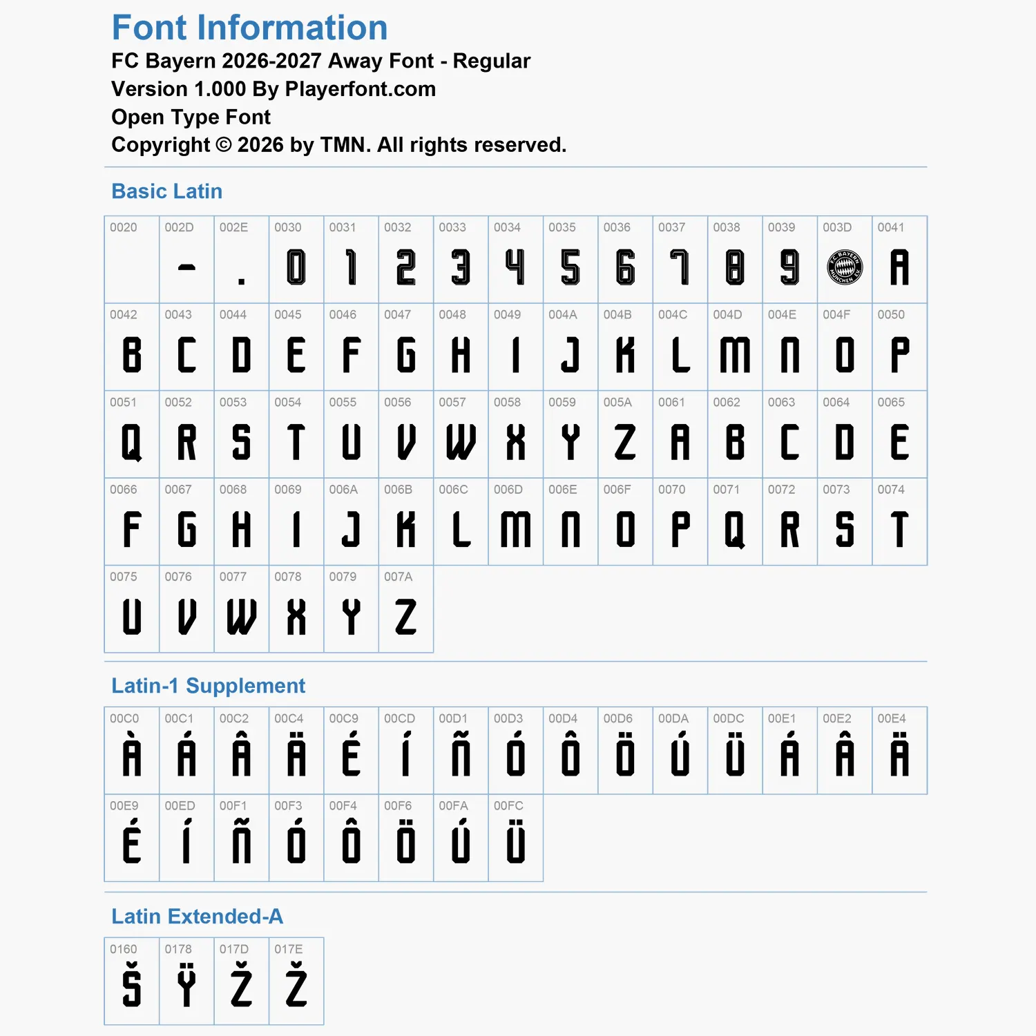 FC Bayern Munich 2026-2027 away font Basic Latin, Latin-1 Supplement, and Latin Extended-A glyph map chart for Open Type Font.
