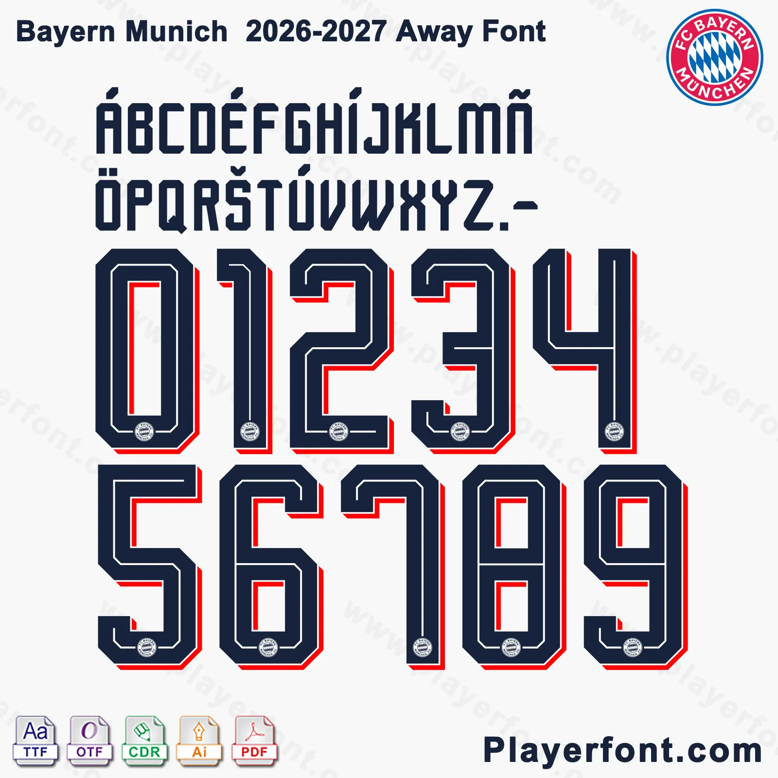 FC Bayern Munich 2026-2027 away font jersey numbers and alphabet presentation layout with TTF OTF AI CDR PDF formats by Playerfont.v