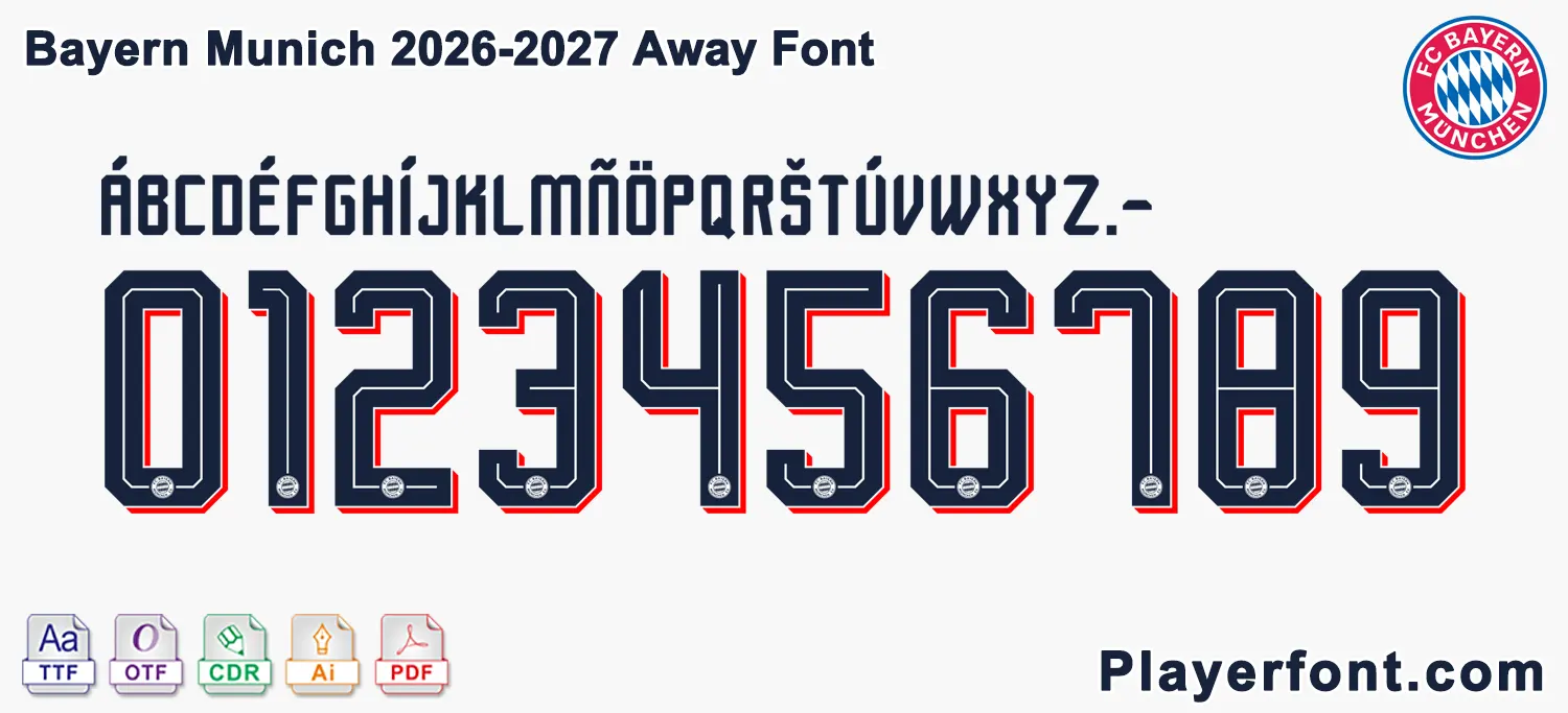 Horizontal vector template banner layout of FC Bayern Munich 2026-2027 away font alphabet and numbers string.