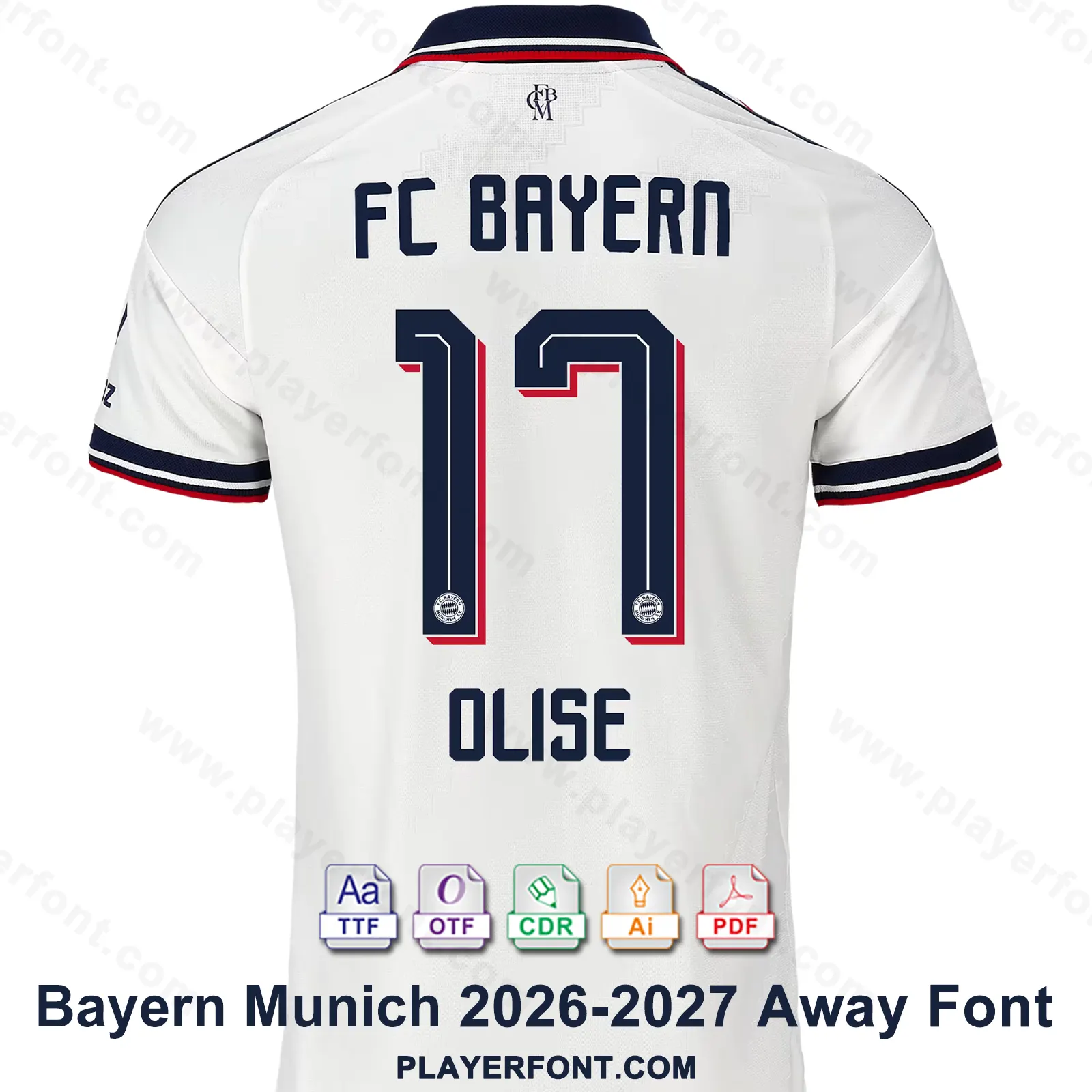 FC Bayern Munich 2026-2027 away shirt back mockup showing FC BAYERN text, OLISE name, and number 17 vector font application.