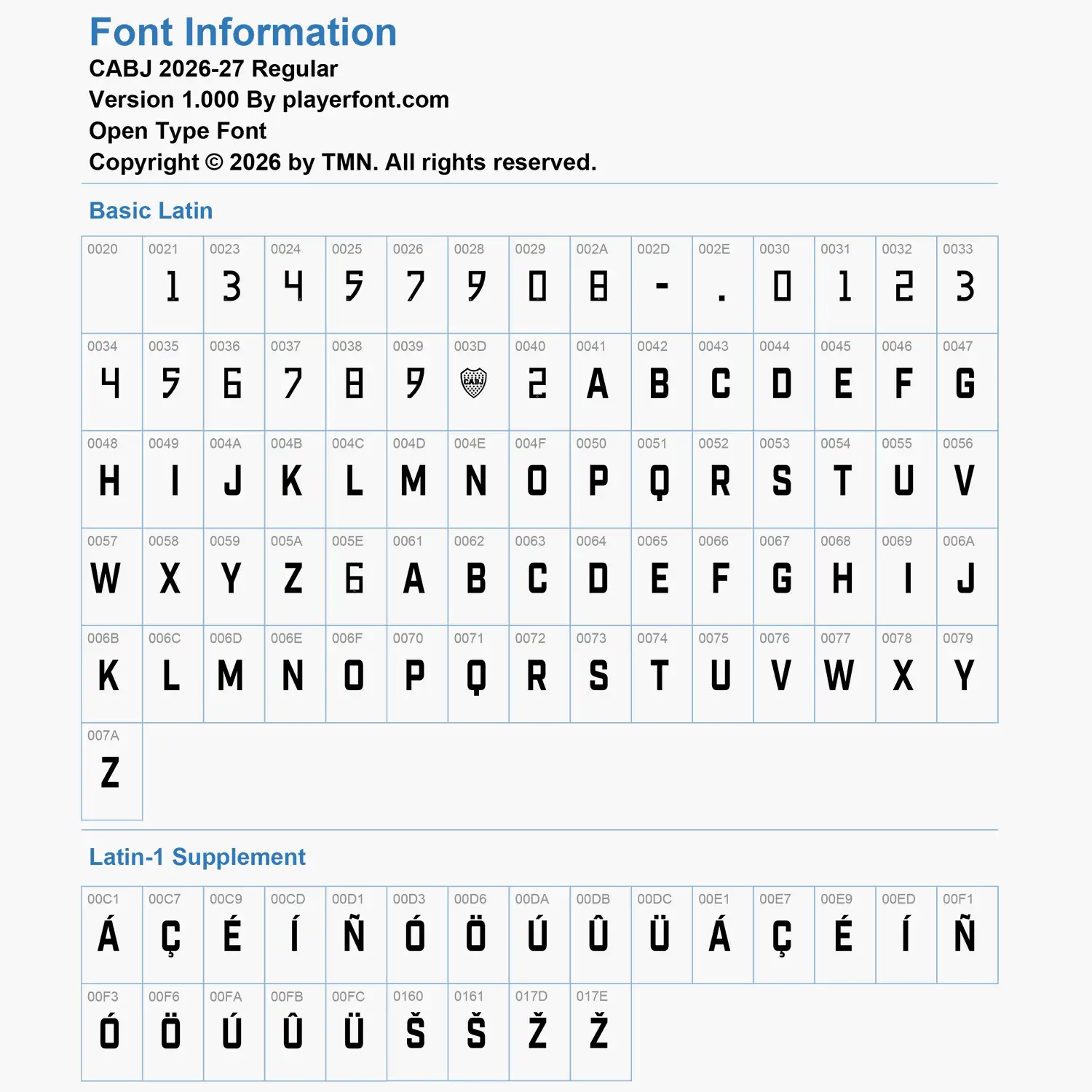 Boca Juniors 2026-2027 font Basic Latin and Latin-1 Supplement glyph map chart for Open Type Font.