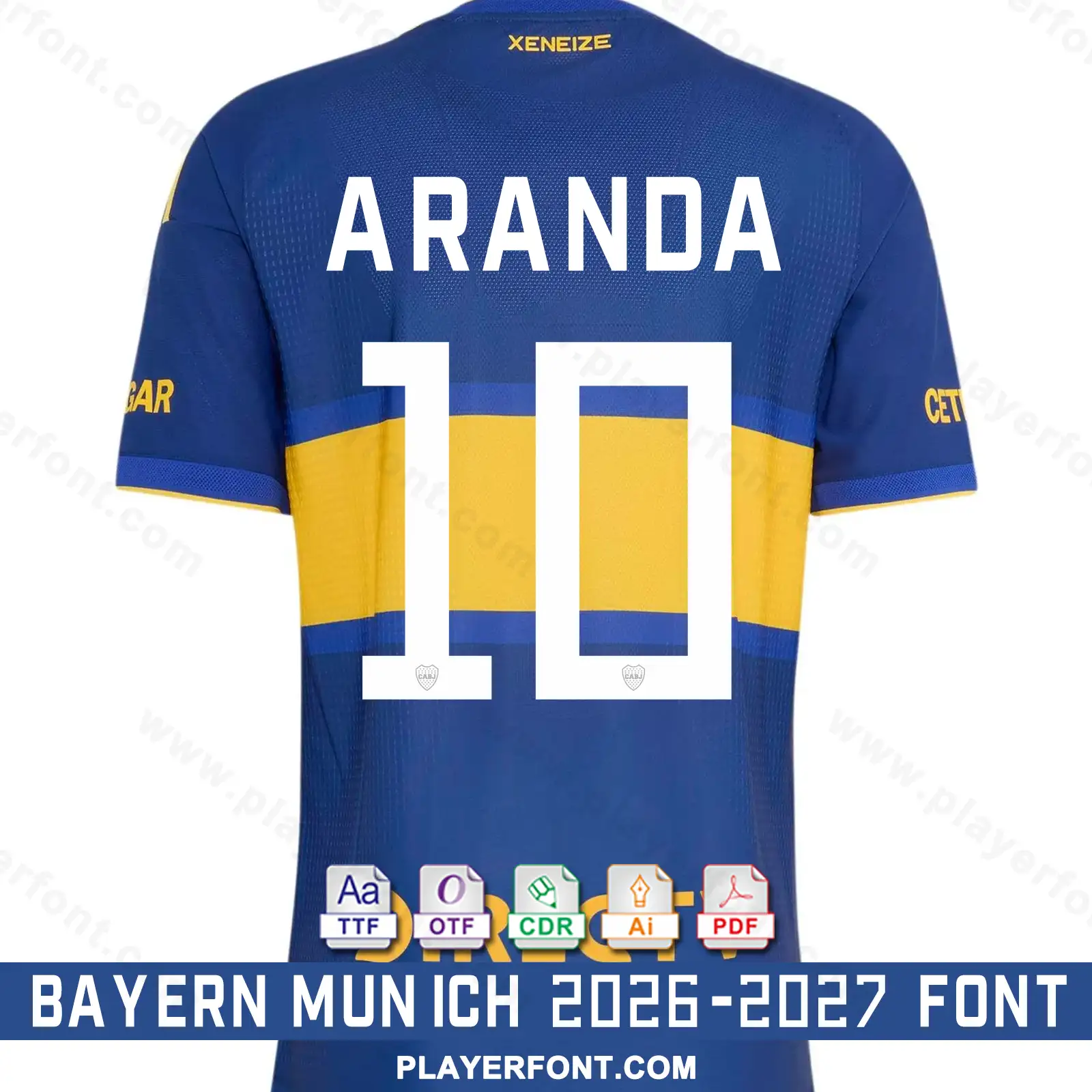 Boca Juniors 2026-2027 home shirt back mockup showing ARANDA name and solid white number 10 vector font application.