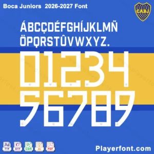 Boca Juniors 2026-2027 font jersey numbers and alphabet presentation layout with TTF OTF AI CDR PDF formats by Playerfont.