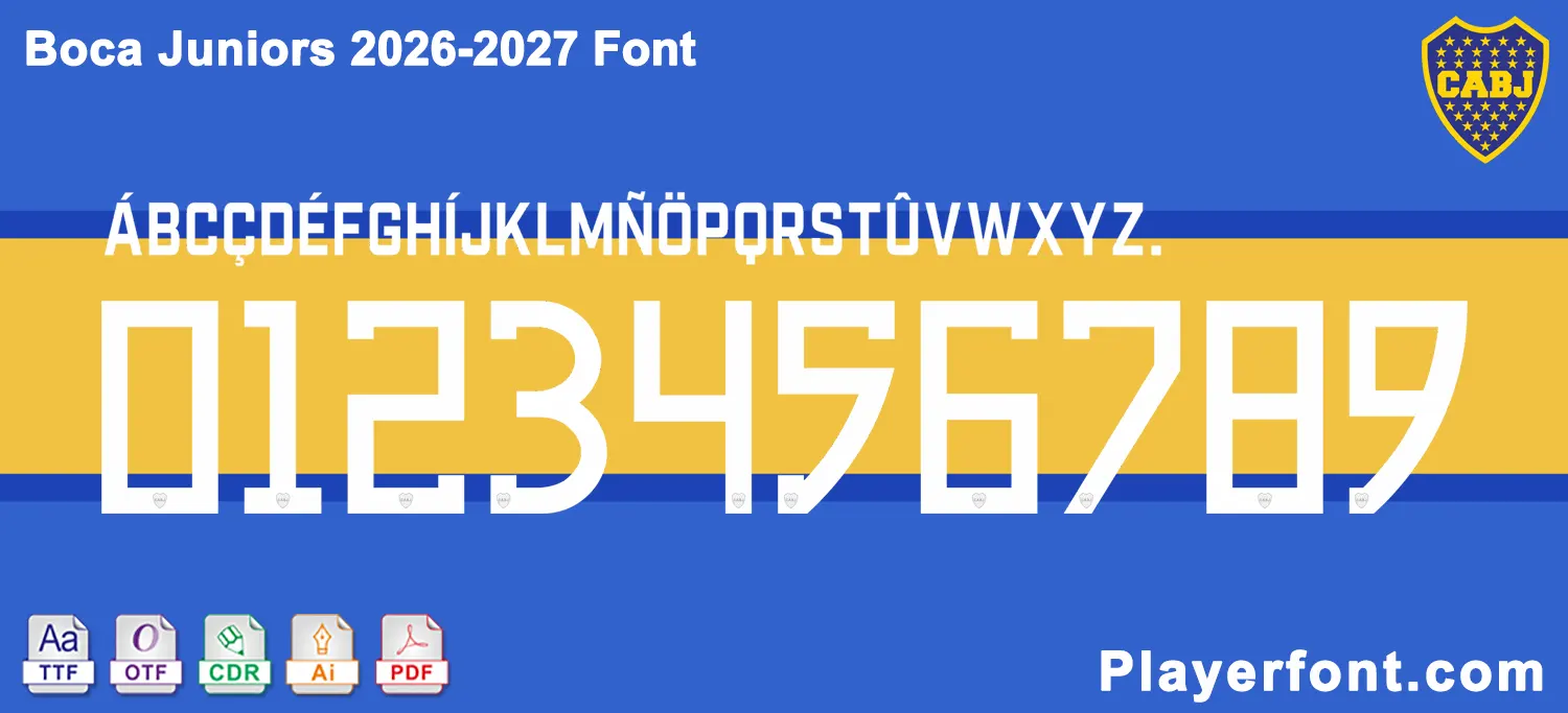 Horizontal vector template banner layout of Boca Juniors 2026-2027 font alphabet and numbers string.