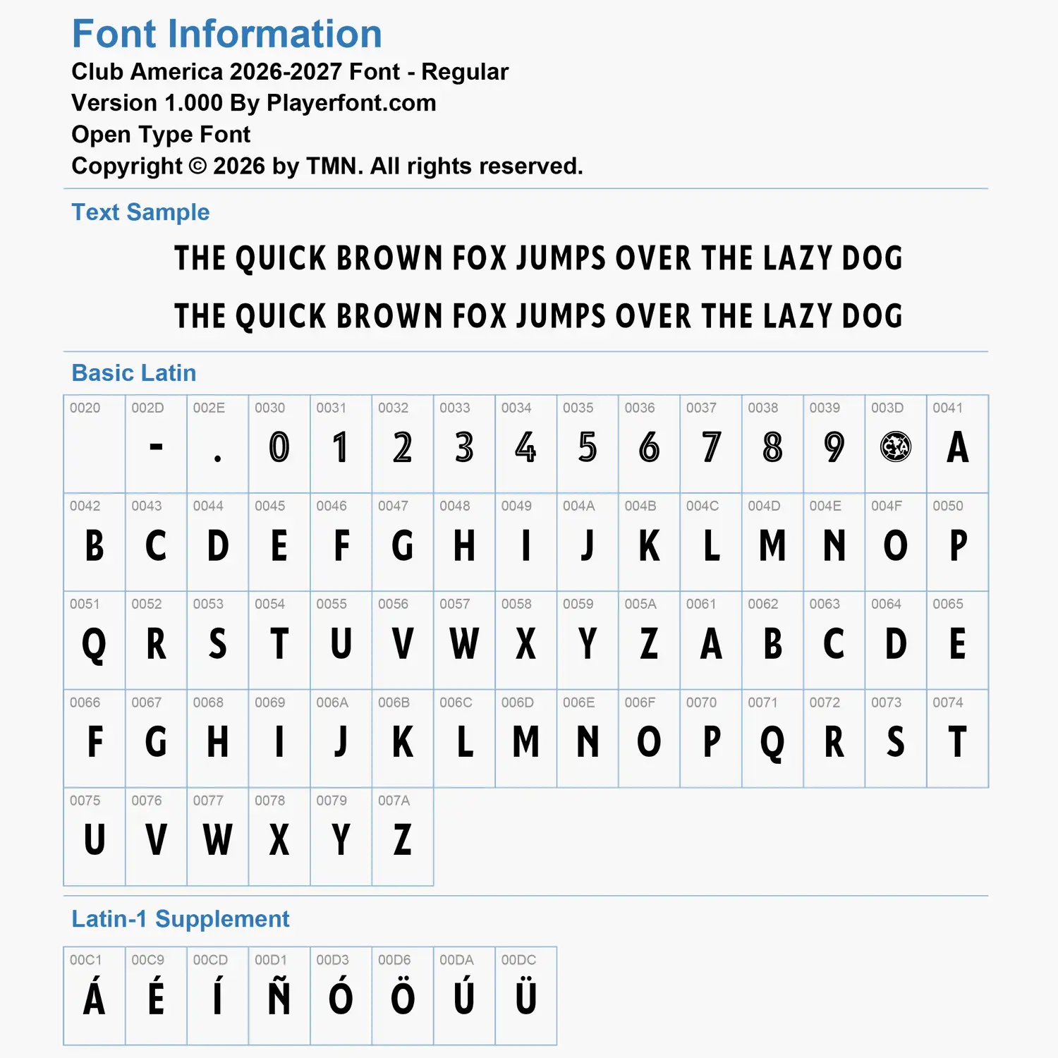 Club America 2026-2027 font Basic Latin and Latin-1 Supplement glyph map chart for Open Type Font.
