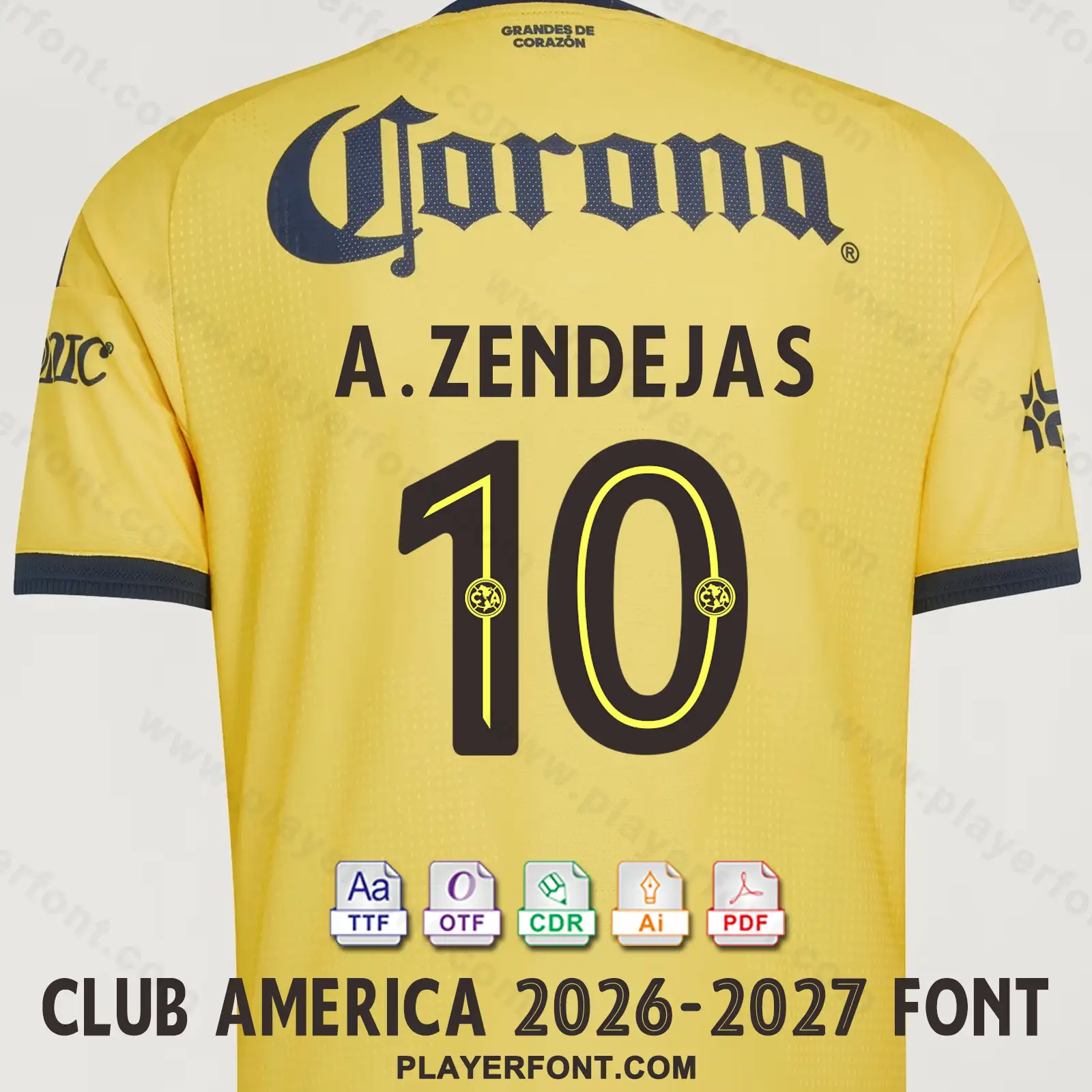 Club America 2026-2027 home shirt back mockup showing A. ZENDEJAS name and number 10 vector font application.