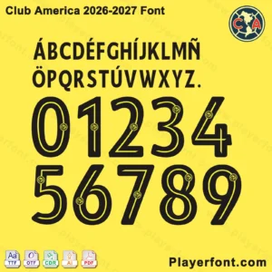 Club America 2026-2027 font jersey numbers and alphabet presentation layout with TTF OTF AI CDR PDF formats by Playerfont.