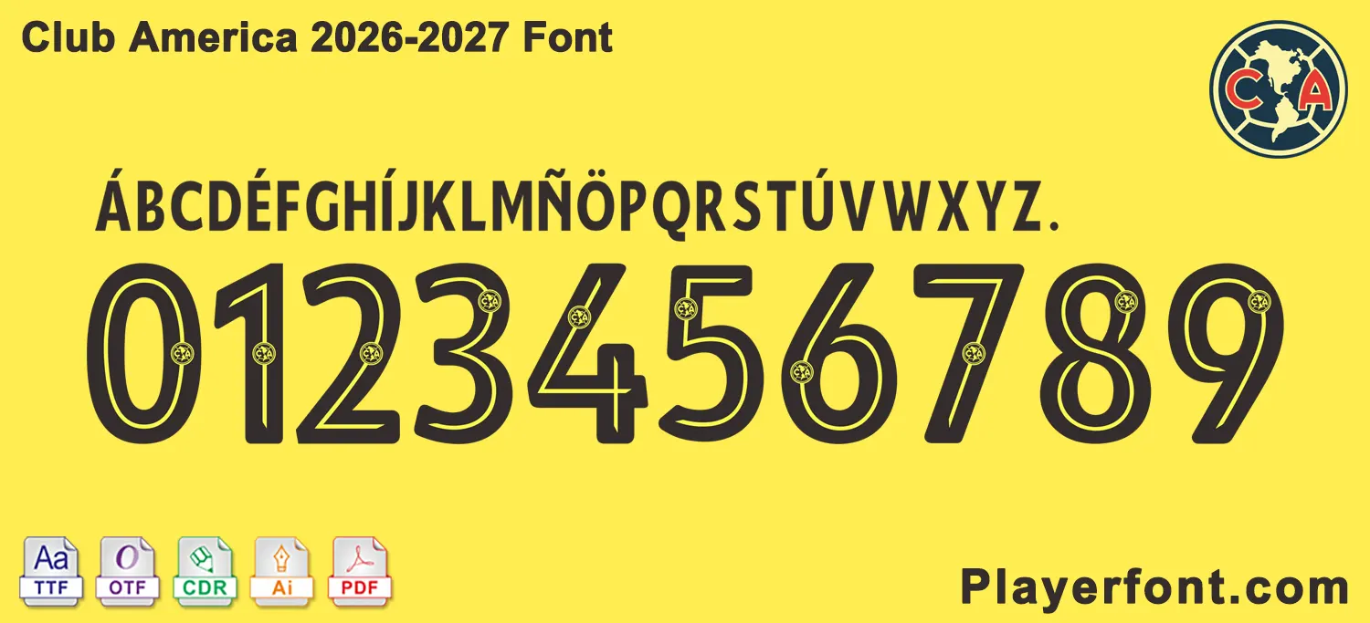 Horizontal vector template banner layout of Club America 2026-2027 font alphabet and numbers string.
