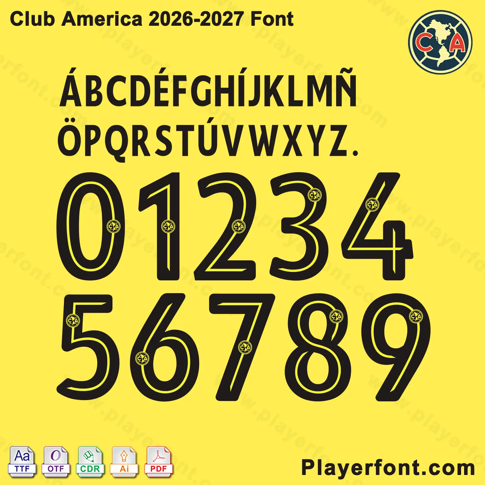 Club America 2026-2027 font jersey numbers and alphabet presentation layout with TTF OTF AI CDR PDF formats by Playerfont.