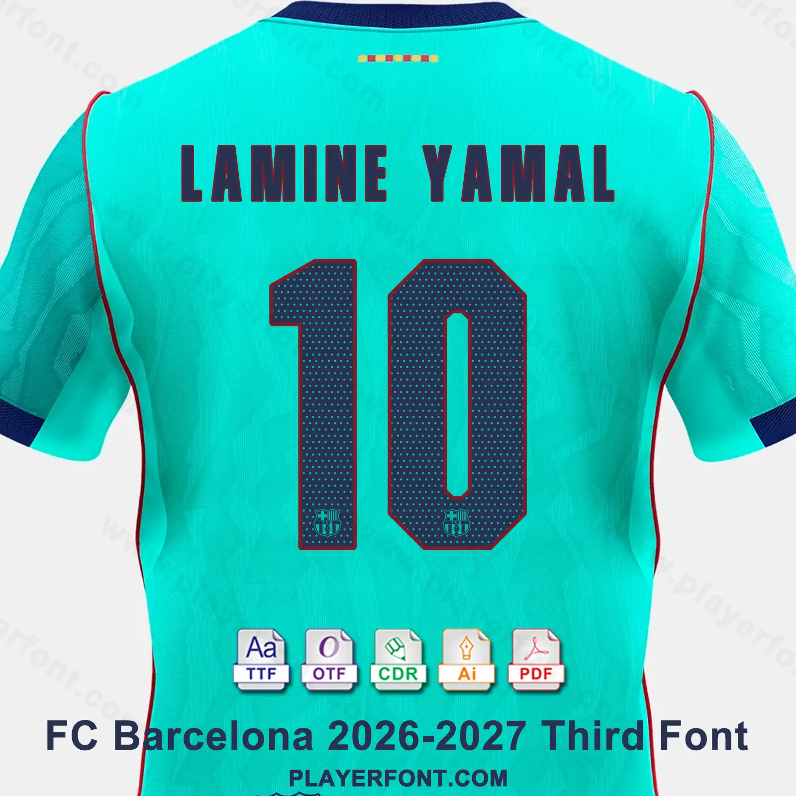FC Barcelona 2026-2027 third shirt back mockup showing LAMINE YAMAL name and number 10 vector font application.