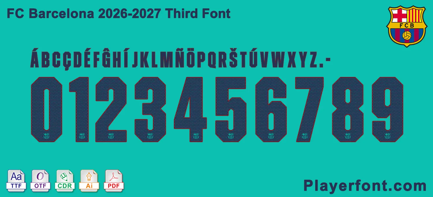 FC Barcelona 2026-2027 third font Basic Latin, Latin-1 Supplement, and Latin Extended-A glyph map chart for Open Type Font.
