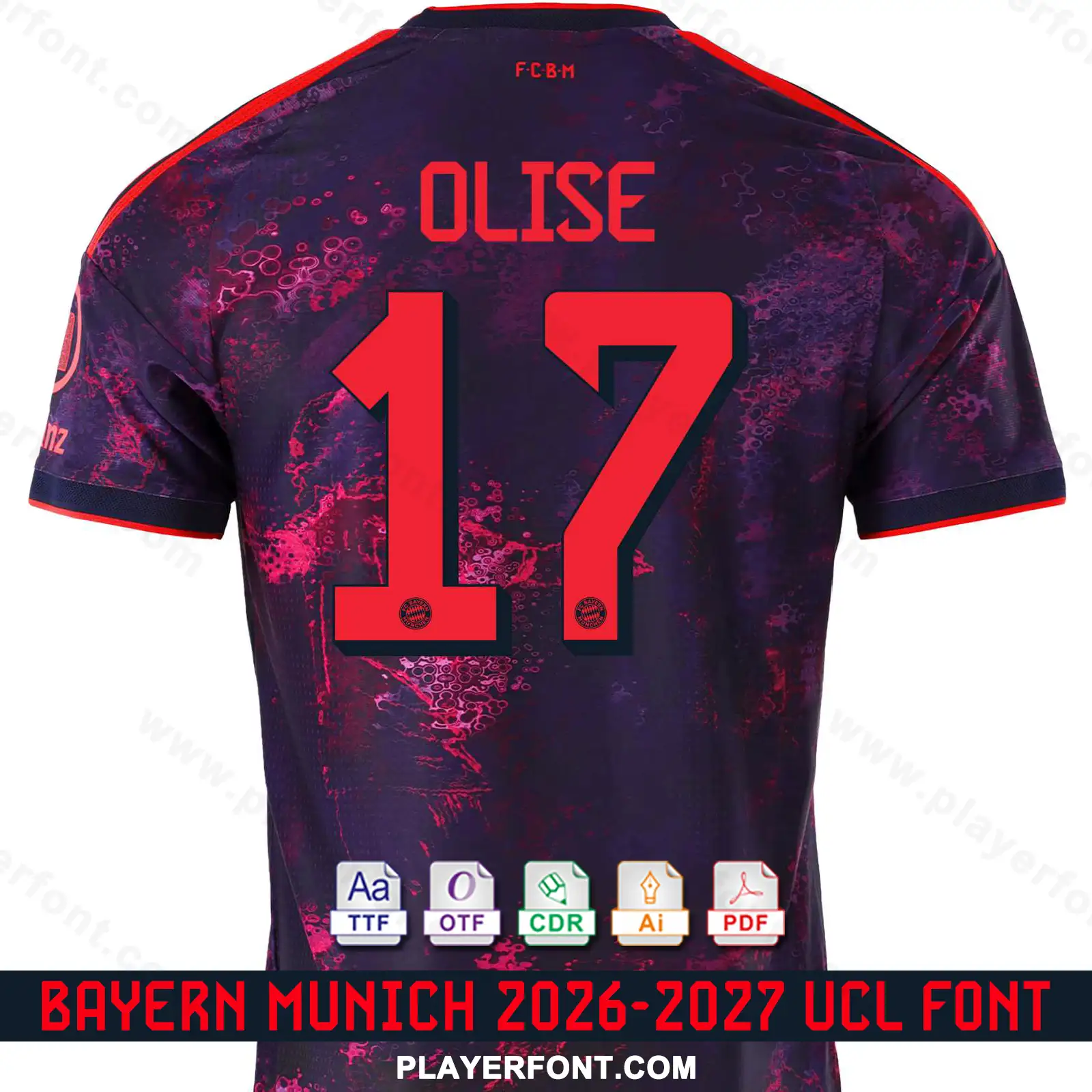 FC Bayern Munich 2026-2027 Champions League away shirt back mockup showing OLISE name and number 17 vector font application.