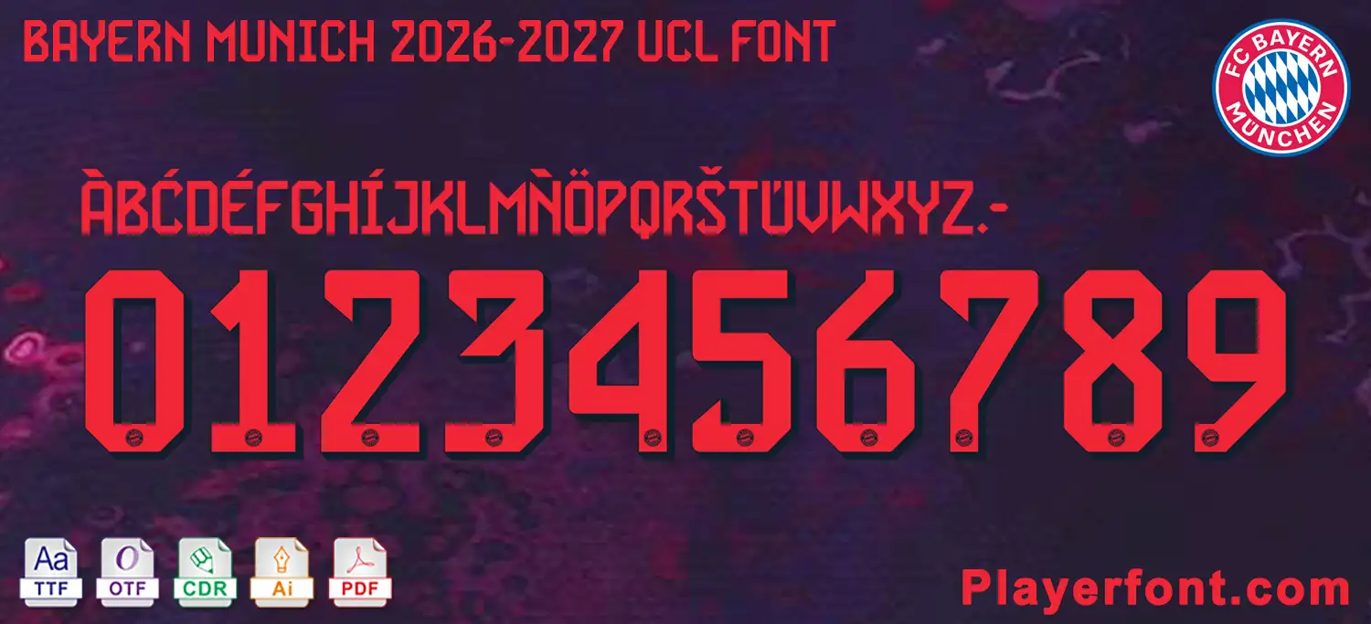 Horizontal vector template banner layout of FC Bayern Munich 2026-2027 UCL font alphabet and numbers string.