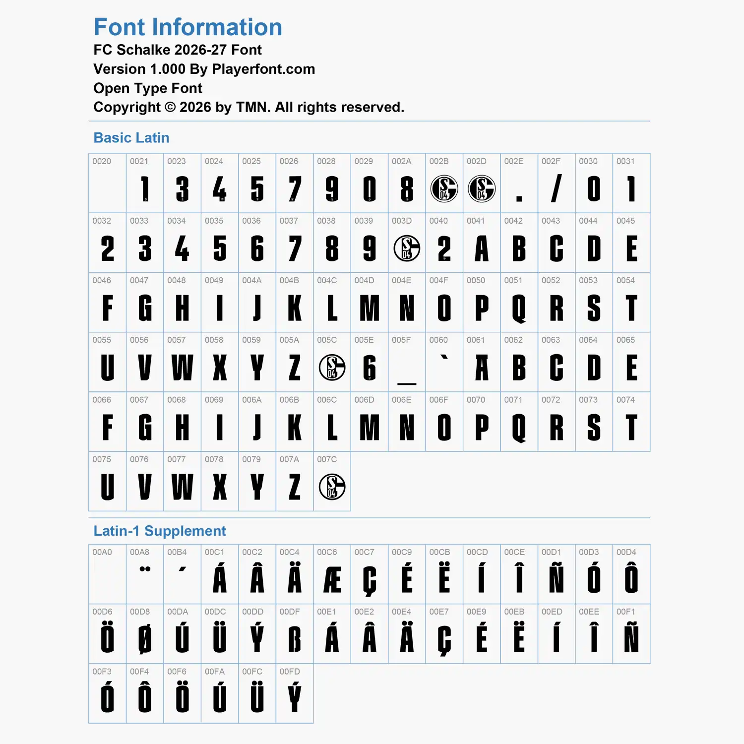 FC Schalke 04 2026-2027 font Basic Latin and Latin-1 Supplement glyph map chart for Open Type Font.