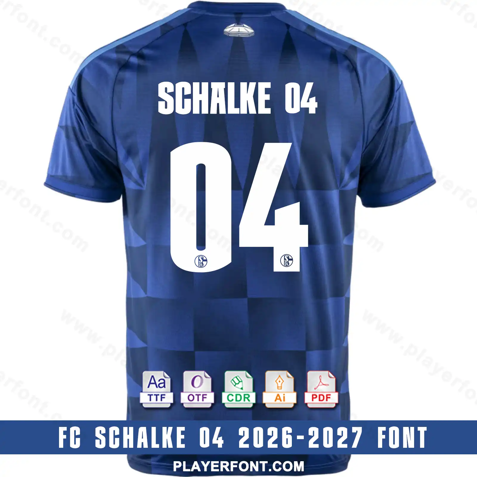 FC Schalke 04 2026-2027 home shirt back mockup showing SCHALKE 04 top text and white number 04 vector font application.