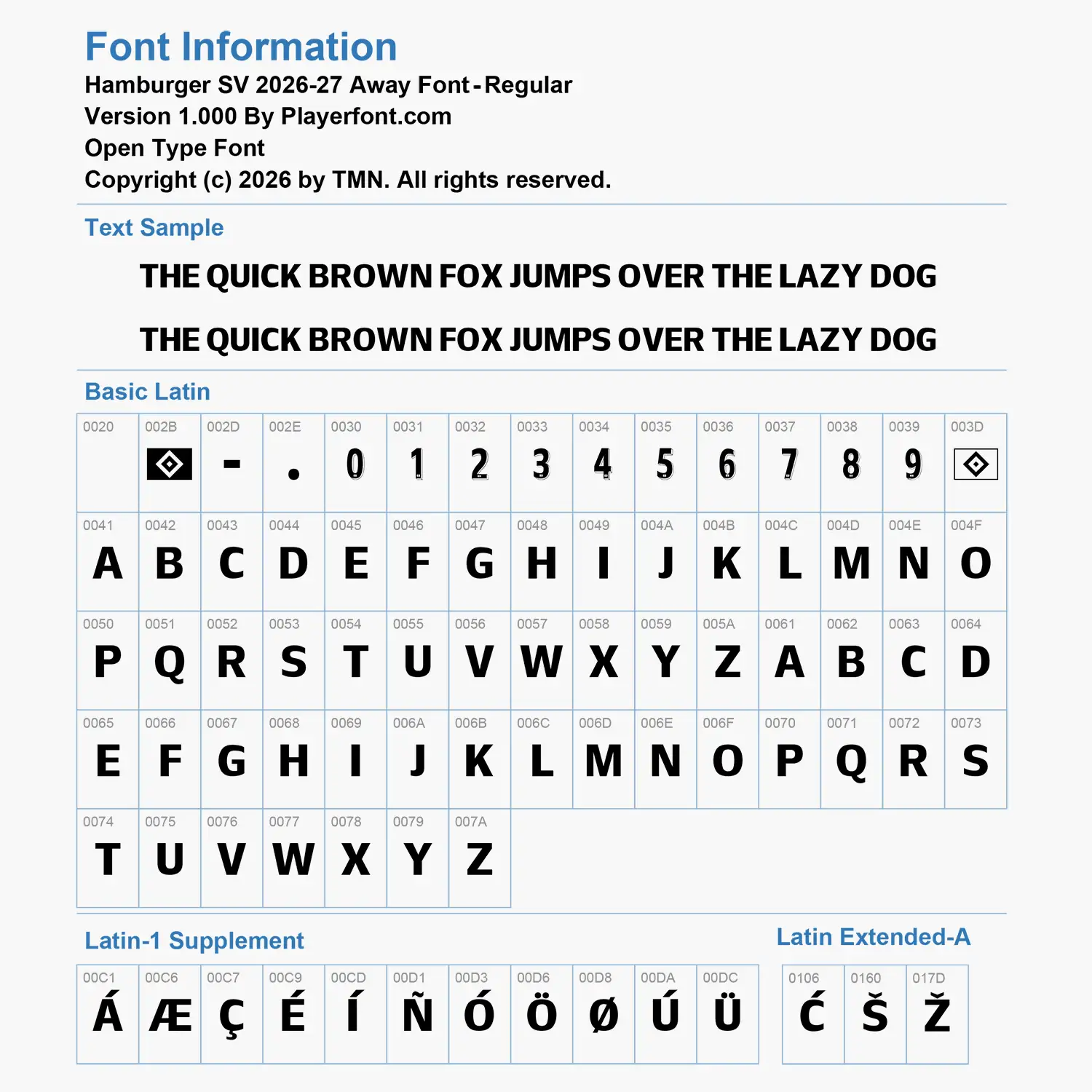 Hamburger SV 2026-2027 away font Basic Latin, Latin-1 Supplement, and Latin Extended-A glyph map chart for Open Type Font.