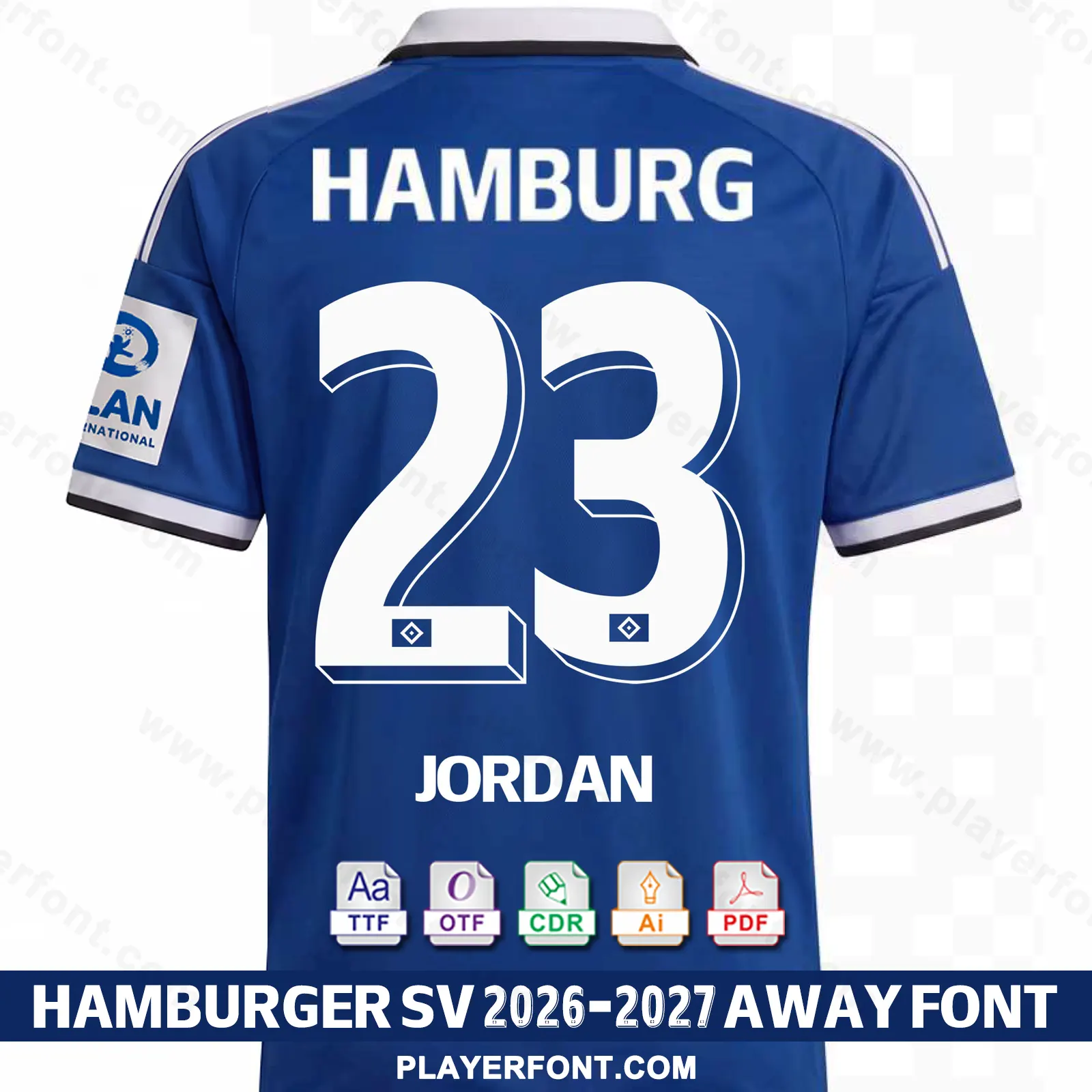 Hamburger SV 2026-2027 away shirt back mockup showing HAMBURG, JORDAN, and number 23 vector font application.